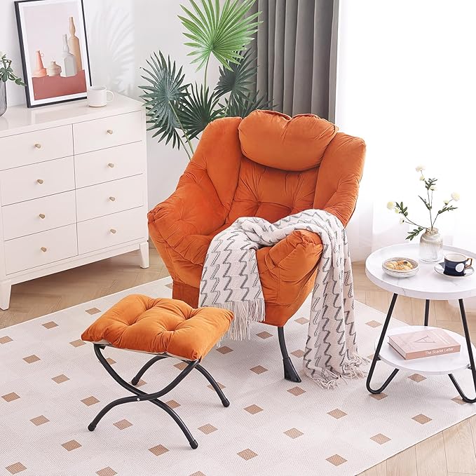 Lazy Chair with Ottoman, Modern Chair with Folding Footrest, Lounge Accent Chair, Comfortable Reading Chair, Oversized Armchairs for Bedroom, Study, Living Room, Courtyard (Orange) - LeafyLoom