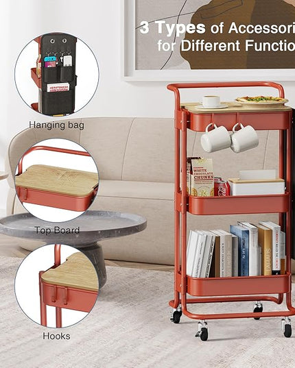 DTK 3 Tier Metal Utility Rolling Cart with Table Top and Side Bags, Tray Storage Organizer Wheels, Art Craft 4 Hooks for Kitchen Bathroom Office Living Room(Red) - LeafyLoom