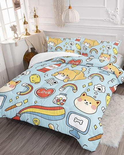 Datura home Kids Comforter Set Kawaii Dogs Bedding Cute Shiba Inu Corgi Printed Pattern Decor with 1 and 2 Pillowcases for Boys Girls All Season(Blue Inu), Twin 68x86inches - LeafyLoom