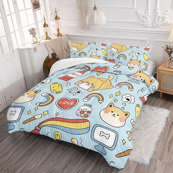 Datura home Kids Comforter Set Kawaii Dogs Bedding Cute Shiba Inu Corgi Printed Pattern Decor with 1 and 2 Pillowcases for Boys Girls All Season(Blue Inu), Twin 68x86inches - LeafyLoom