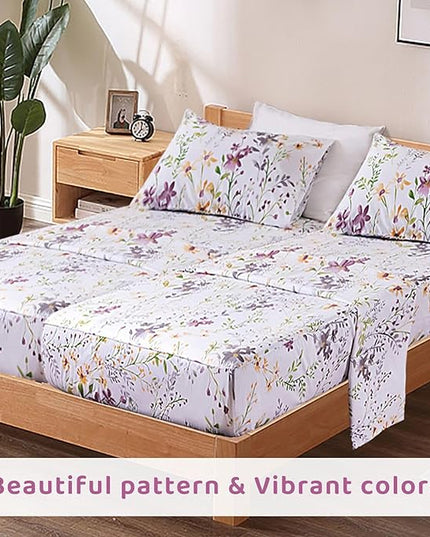 QSH 100% Cotton Sheets for Split King Size Bed - Floral Plant Pattern Botanical Luxury Cotton Printed Floral Bedding King Size Sheet with Deep Pockets 17" Soft and Breathable 5pcs - LeafyLoom