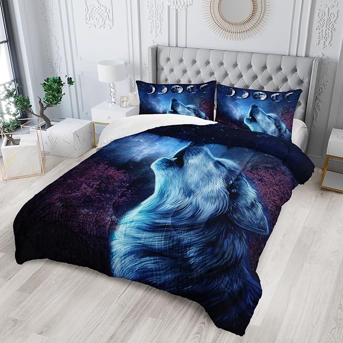 Wolf Comforter Set Galaxy Night Moon Bedding Set 3Pcs Howling Wolf Down Lunar Eclipse Bed Set for Kids Teens Room Decor Wild Animals Comforter with 2 Pillowcases - LeafyLoom