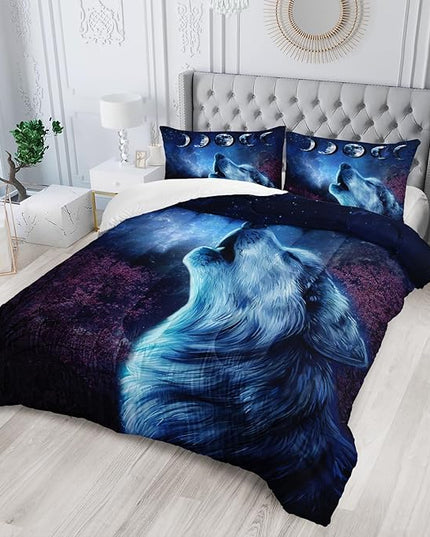 Wolf Comforter Set Galaxy Night Moon Bedding Set 3Pcs Howling Wolf Down Lunar Eclipse Bed Set for Kids Teens Room Decor Wild Animals Comforter with 2 Pillowcases - LeafyLoom