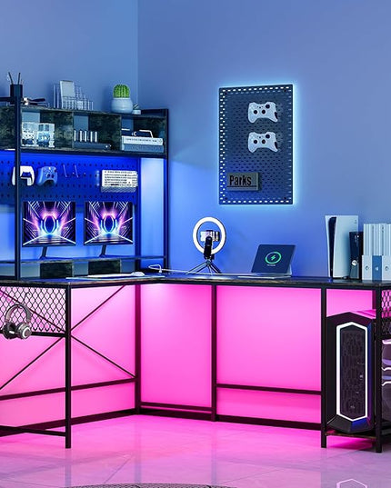 Lvifur 67” L Shaped Desk with Wireless Charging Station,24-Color RGB Dimmable Computer Desk with Pegboard,Gaming Desk with Monitor Stand, Display Stand,Human Sensor Lights for Home Office - LeafyLoom