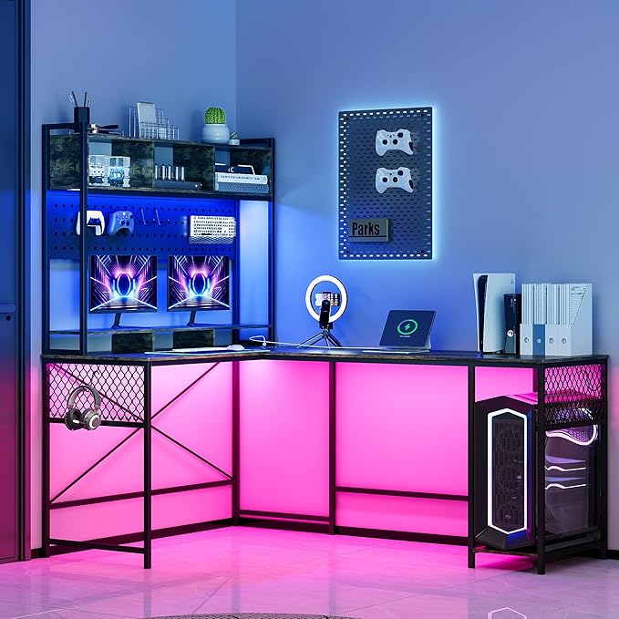 Lvifur 67” L Shaped Desk with Wireless Charging Station,24-Color RGB Dimmable Computer Desk with Pegboard,Gaming Desk with Monitor Stand, Display Stand,Human Sensor Lights for Home Office - LeafyLoom