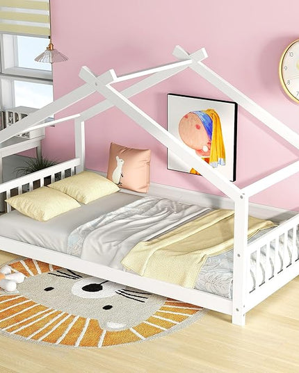 Montessori Floor Bed Frame Twin Size, Twin Floor Bed Frame with Headboard, Footboard and Slats, Wood Montessori Bed Frame/Montessori House Bed for Kids, Girls, Boys(White) - LeafyLoom