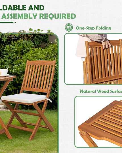 Greesum 3 Piece Patio Folding Furniture Bistro Set with 2 Chairs and Square Table for Pool Beach Backyard Balcony Porch Deck Garden, Acacia Wood - LeafyLoom