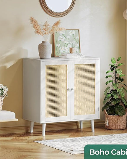 Buffet Cabinet with Storage, Storage Cabinet with PE Rattan Decor Doors, Accent Cabinet with Solid Wood Feet, Sideboard Cabinet for Hallway, Entry, Living Room, White - LeafyLoom