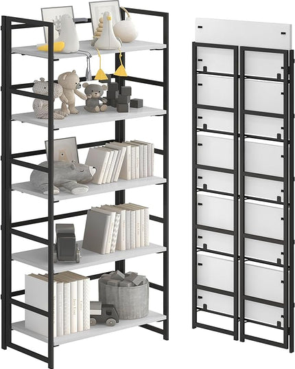 No-Assembly Folding Bookshelf Storage Shelves 5 Tiers Vintage Multifunctional Plant Flower Stand Storage Rack Shelves Bookcase for Home Office White&Black - LeafyLoom