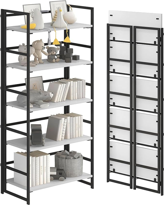 No-Assembly Folding Bookshelf Storage Shelves 5 Tiers Vintage Multifunctional Plant Flower Stand Storage Rack Shelves Bookcase for Home Office White&Black - LeafyLoom