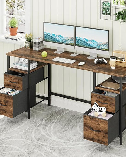 63'' Office Desk with 4 Fabric File Drawers - File Drawer Organization, Computer Work Desk, Study Writing Table, Home Office Workstation, Rustic Brown. - LeafyLoom