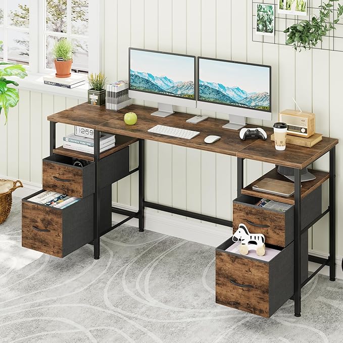 63'' Office Desk with 4 Fabric File Drawers - File Drawer Organization, Computer Work Desk, Study Writing Table, Home Office Workstation, Rustic Brown. - LeafyLoom