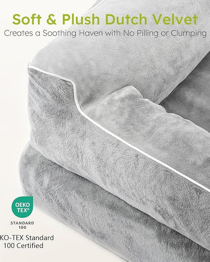Dog Beds for Large Dogs, Orthopedic Dog Bed with Cooling Gel Memory Foam, Waterproof Large Dog Bed with Removable Washable Cover, 36" Dog Sofa Couch Dutch Velvet with Bone Toy, Light Gray LeafyLoom