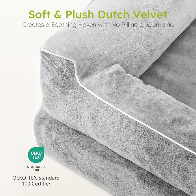 Dog Beds for Large Dogs, Orthopedic Dog Bed with Cooling Gel Memory Foam, Waterproof Large Dog Bed with Removable Washable Cover, 36" Dog Sofa Couch Dutch Velvet with Bone Toy, Light Gray LeafyLoom