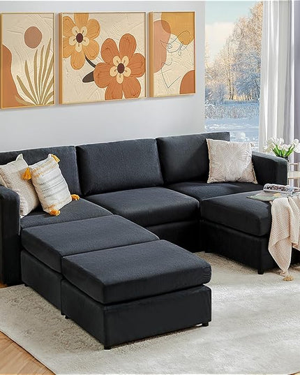 Sweetcrispy Convertible Modular Sectional Sofa, 6 Seat 5 Back Sectional Couches for Living Room, U-Shaped Modern Fabric Modular Sofa Sleeper with Double Chaise for Home, Apartment, Dorm, Dark Grey - LeafyLoom