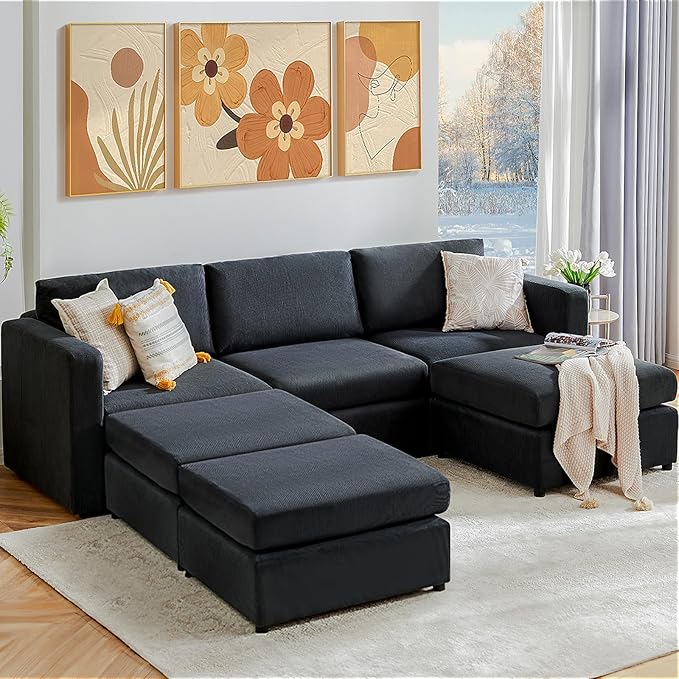 Sweetcrispy Convertible Modular Sectional Sofa, 6 Seat 5 Back Sectional Couches for Living Room, U-Shaped Modern Fabric Modular Sofa Sleeper with Double Chaise for Home, Apartment, Dorm, Dark Grey - LeafyLoom