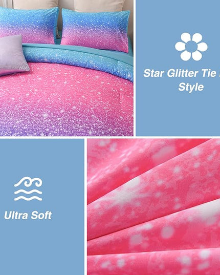A Nice Night 6Pcs Gradient Glitter Bedding Set for Girls Full Size, Colorful Rainbow Galaxy Comforter Set, Ultra Soft Bedding Sets, Blue - LeafyLoom