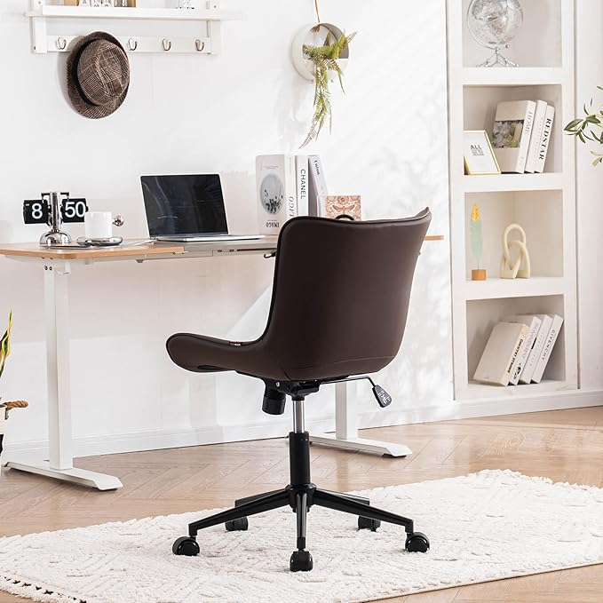 YOUNIKE Armless Office Chair with Wheels Swivel Rolling Desk Chair Leather Upholstered Adjustable Computer Task Chair Modern Rocking Recline Gaming Chair Brown - LeafyLoom