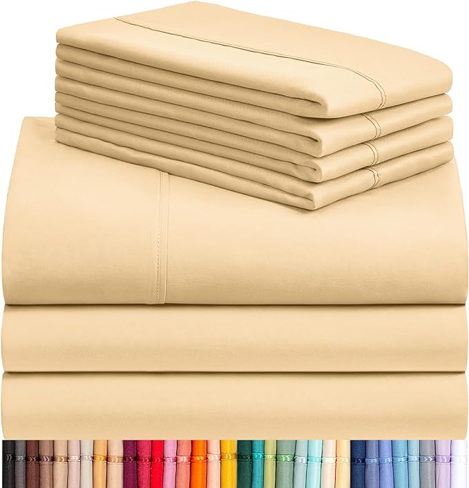 LuxClub 7 PC Split King Sheet Set, Breathable Luxury Bed Sheets, Deep Pockets 18" Eco Friendly Wrinkle Free Cooling Sheets Machine Washable Hotel Bedding Silky Soft - Yellow Split King - LeafyLoom