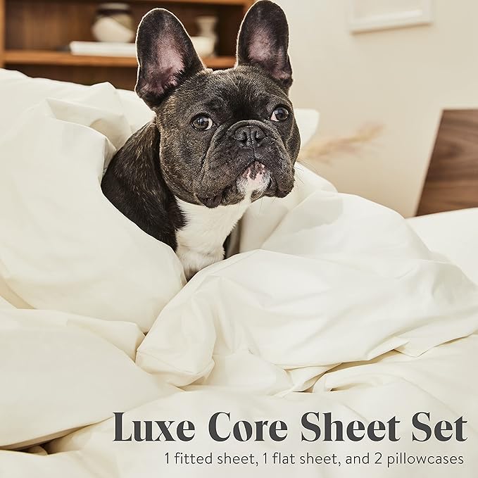 Brooklinen Luxury Sateen 4 Piece Sheet Set - 100% Cotton, Twin XL Size in Cream - 1 Fitted Sheet, 1 Flat Sheet, 2 Pillowcases | Best Luxury Sheets - LeafyLoom