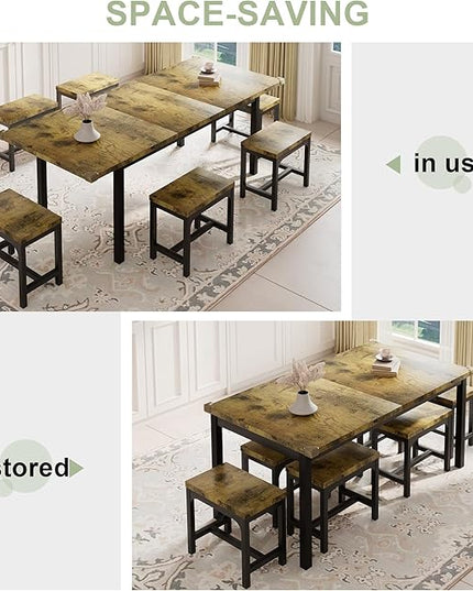 Feonase 7-Piece Dining Table Set with 6 Stools, 63" Large Extendable Kitchen Table Set for 4-8, Mid-Century Dining Room Table with Heavy-Duty Frame, Easy Assembly, Rustic Brown - LeafyLoom