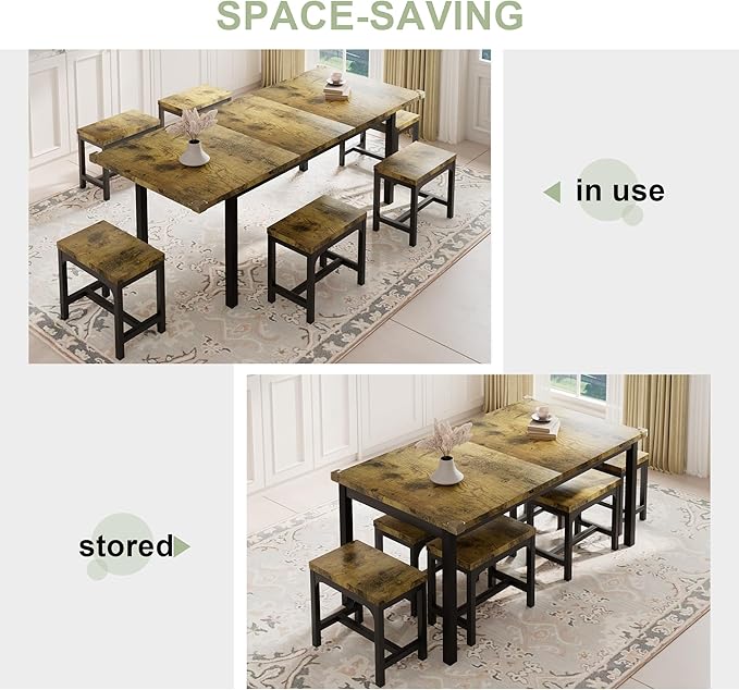 Feonase 7-Piece Dining Table Set with 6 Stools, 63" Large Extendable Kitchen Table Set for 4-8, Mid-Century Dining Room Table with Heavy-Duty Frame, Easy Assembly, Rustic Brown - LeafyLoom