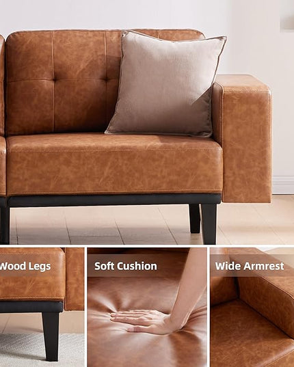 79'' Leather Sofa, 3-Seat Oversized Loveseat Sofa, Mid Century Modern Couch Sofa for Living Room, Deep Brown Faux Leather Couch Bedroom Apartment with Solid Wood Legs Upholstered Cushion, Brown - LeafyLoom