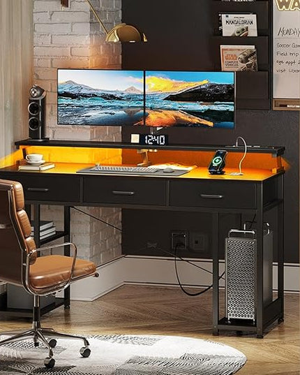 AODK 55 inch Computer Desk with 3 Drawers, Gaming Desk with LED Lights & Power Outlets, Home Office Desk with Storage Shelves & Monitor Stand, Modern Work Study Writing Table for Small Spaces, Black - LeafyLoom