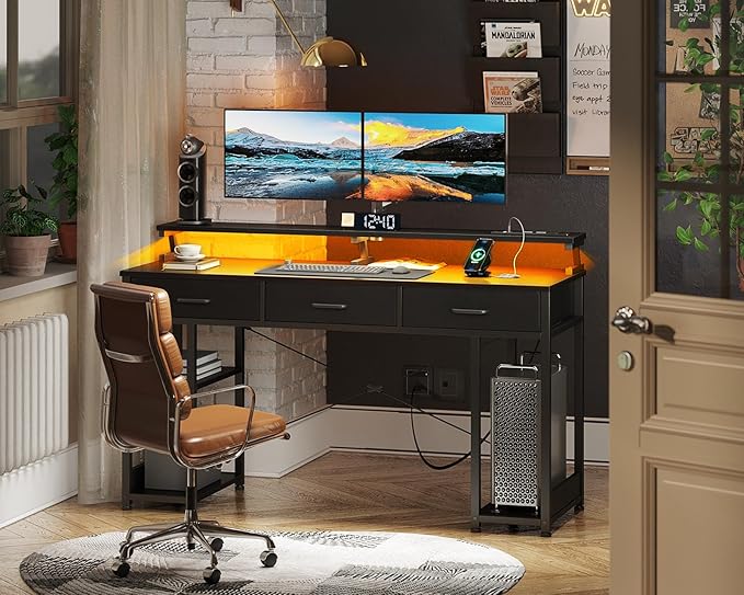 AODK 55 inch Computer Desk with 3 Drawers, Gaming Desk with LED Lights & Power Outlets, Home Office Desk with Storage Shelves & Monitor Stand, Modern Work Study Writing Table for Small Spaces, Black - LeafyLoom