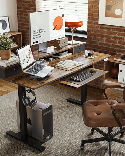 Electric Standing Desk with 2 Drawers and Keyboard Tray, 63 x 24 Inches Ergonomic Adjustable Height Desk with Storage, Sit Stand up Desk Computer Workstation, Rustic Brown - LeafyLoom