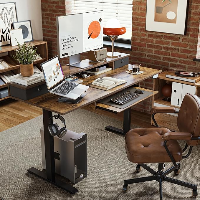 Electric Standing Desk with 2 Drawers and Keyboard Tray, 63 x 24 Inches Ergonomic Adjustable Height Desk with Storage, Sit Stand up Desk Computer Workstation, Rustic Brown - LeafyLoom