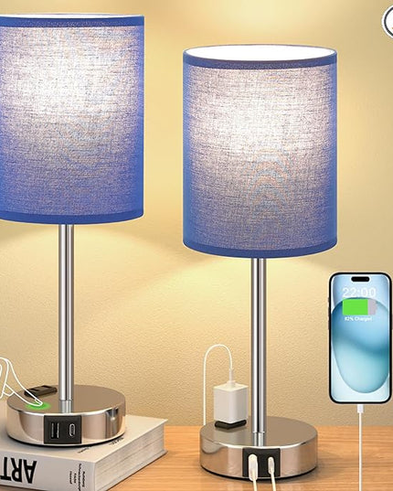Blue Bedside Table Lamps for Bedroom Set of 2 - Touch Nightstand Lamp with USB-A+C Charging Ports & AC Outlet - 3 Way Dimmable Small Desk Lamp White for Office, Living Room, Reading - LeafyLoom