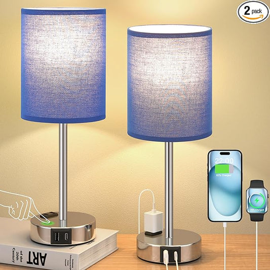Blue Bedside Table Lamps for Bedroom Set of 2 - Touch Nightstand Lamp with USB-A+C Charging Ports & AC Outlet - 3 Way Dimmable Small Desk Lamp White for Office, Living Room, Reading - LeafyLoom