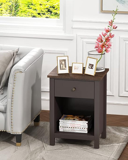 ChooChoo Nightstand with Charging Station, Wooden Top Bedside Table with Drawer and Storage Space for Bedroom, Espresso - LeafyLoom