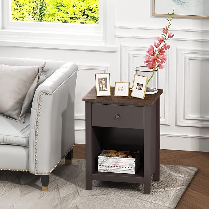 ChooChoo Nightstand with Charging Station, Wooden Top Bedside Table with Drawer and Storage Space for Bedroom, Espresso - LeafyLoom
