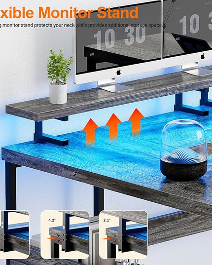 Customizable U Shaped Computer Desk with Adjustable Monitor Stand, Reversible L Shaped Gaming Desk with Power Outlet and Smart LED Light, Sturdy Office Desk with Storage Shelves, Black Oak - LeafyLoom