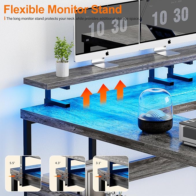 Customizable U Shaped Computer Desk with Adjustable Monitor Stand, Reversible L Shaped Gaming Desk with Power Outlet and Smart LED Light, Sturdy Office Desk with Storage Shelves, Black Oak - LeafyLoom
