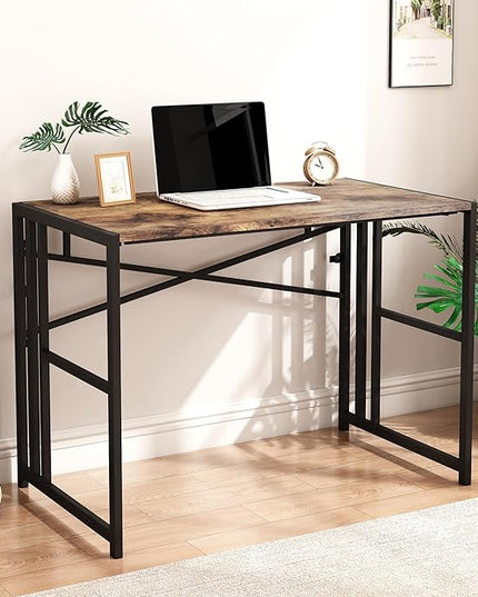 Folding Small Computer Desk, Foldable Space-Saving Home Office Table, Simple Study Writing Gaming Workstation for Small Space, No Assembly Needed, Rustic Brown - LeafyLoom
