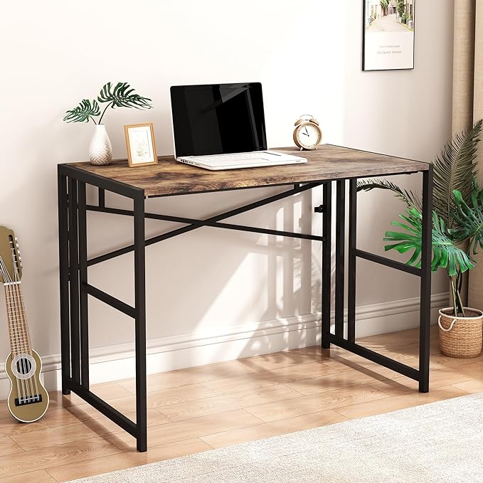 Folding Small Computer Desk, Foldable Space-Saving Home Office Table, Simple Study Writing Gaming Workstation for Small Space, No Assembly Needed, Rustic Brown - LeafyLoom