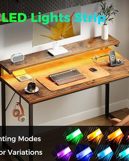 AODK Small Desk, 40 Inch Gaming Desk with LED Lights and Power Outlet, Computer Desk with Adjustable Monitor Shelf (3 Heights), Home Office Table Study Desk Compact Desk for Small Space, Rustic Brown - LeafyLoom