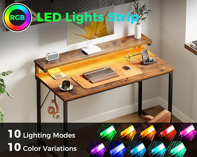AODK Small Desk, 40 Inch Gaming Desk with LED Lights and Power Outlet, Computer Desk with Adjustable Monitor Shelf (3 Heights), Home Office Table Study Desk Compact Desk for Small Space, Rustic Brown - LeafyLoom