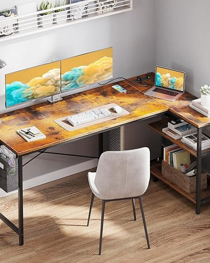 ODK 55 Inch Small L Shaped Gaming Computer Desk with Power Outlets, Reversible Storage Shelves & PC Stand for Home Office, Simple Writing Study Table with Storage Bag for Small Space, Vintage - LeafyLoom