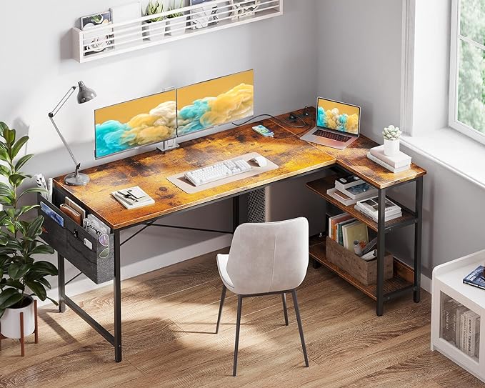 ODK 55 Inch Small L Shaped Gaming Computer Desk with Power Outlets, Reversible Storage Shelves & PC Stand for Home Office, Simple Writing Study Table with Storage Bag for Small Space, Vintage - LeafyLoom