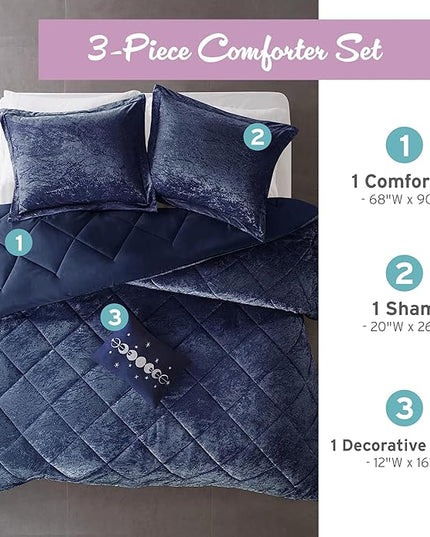 Intelligent Design Twin Comforter Set, Velvet Comforter Set , Luxury Diamond Quilting Comforter Set, Fluffy Comforter Bed Set with Decorative Pillowand 1 Sham, 3 Piece Navy, Twin/Twin XL - LeafyLoom