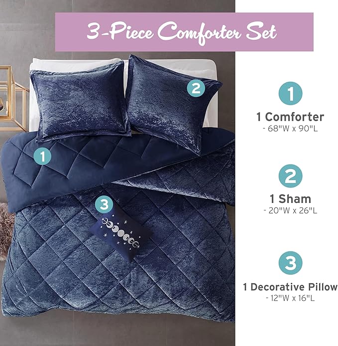 Intelligent Design Twin Comforter Set, Velvet Comforter Set , Luxury Diamond Quilting Comforter Set, Fluffy Comforter Bed Set with Decorative Pillowand 1 Sham, 3 Piece Navy, Twin/Twin XL - LeafyLoom