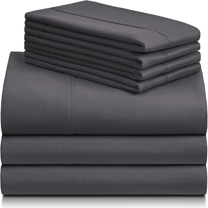 LuxClub 7 PC Split King Sheet Set, Breathable Luxury Bed Sheets, Deep Pockets 18" Eco Friendly Wrinkle Free Cooling Sheets Machine Washable Hotel Bedding Silky Soft - Dark Grey Split King - LeafyLoom