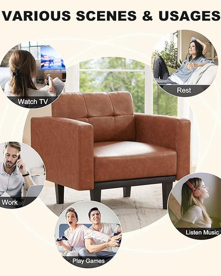 Mid-Century Modern Leather Accent Chair with Wood Base & Legs, Oversized Upholstered Single Sofa Chair, Comfy Living Room Armchairs for Apartment Bedroom Office Study, Cognac/Espresso - LeafyLoom