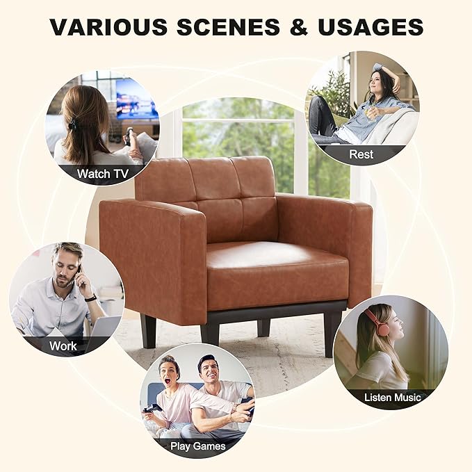 Mid-Century Modern Leather Accent Chair with Wood Base & Legs, Oversized Upholstered Single Sofa Chair, Comfy Living Room Armchairs for Apartment Bedroom Office Study, Cognac/Espresso - LeafyLoom
