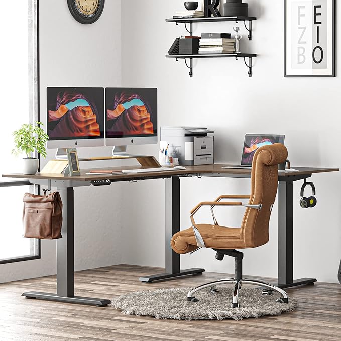 FEZIBO Triple Motor L-Shaped Electric Standing Desk, 63 Inches Height Adjustable Stand up Corner Desk, Sit Stand Workstation with Splice Board, Black Frame/Black Walnut Top - LeafyLoom
