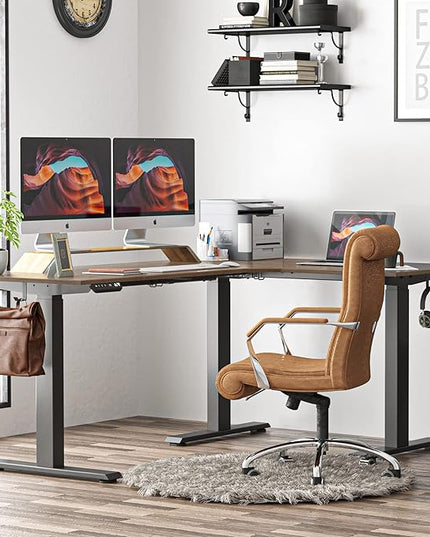 FEZIBO Triple Motor L-Shaped Electric Standing Desk, 75 Inches Height Adjustable Stand up Corner Desk, Sit Stand Workstation with Splice Board, Black Frame/Black Walnut Top - LeafyLoom